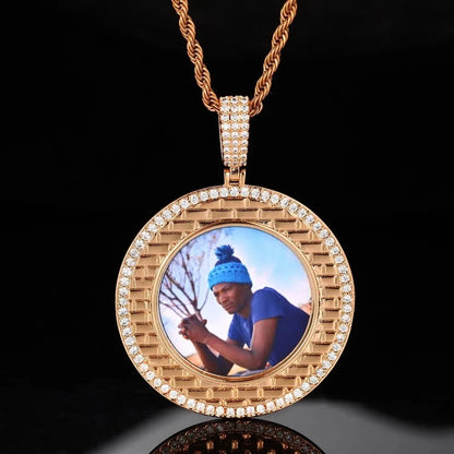Gold Brick Engraved Memory Photo Custom Round Pendant - 46mm