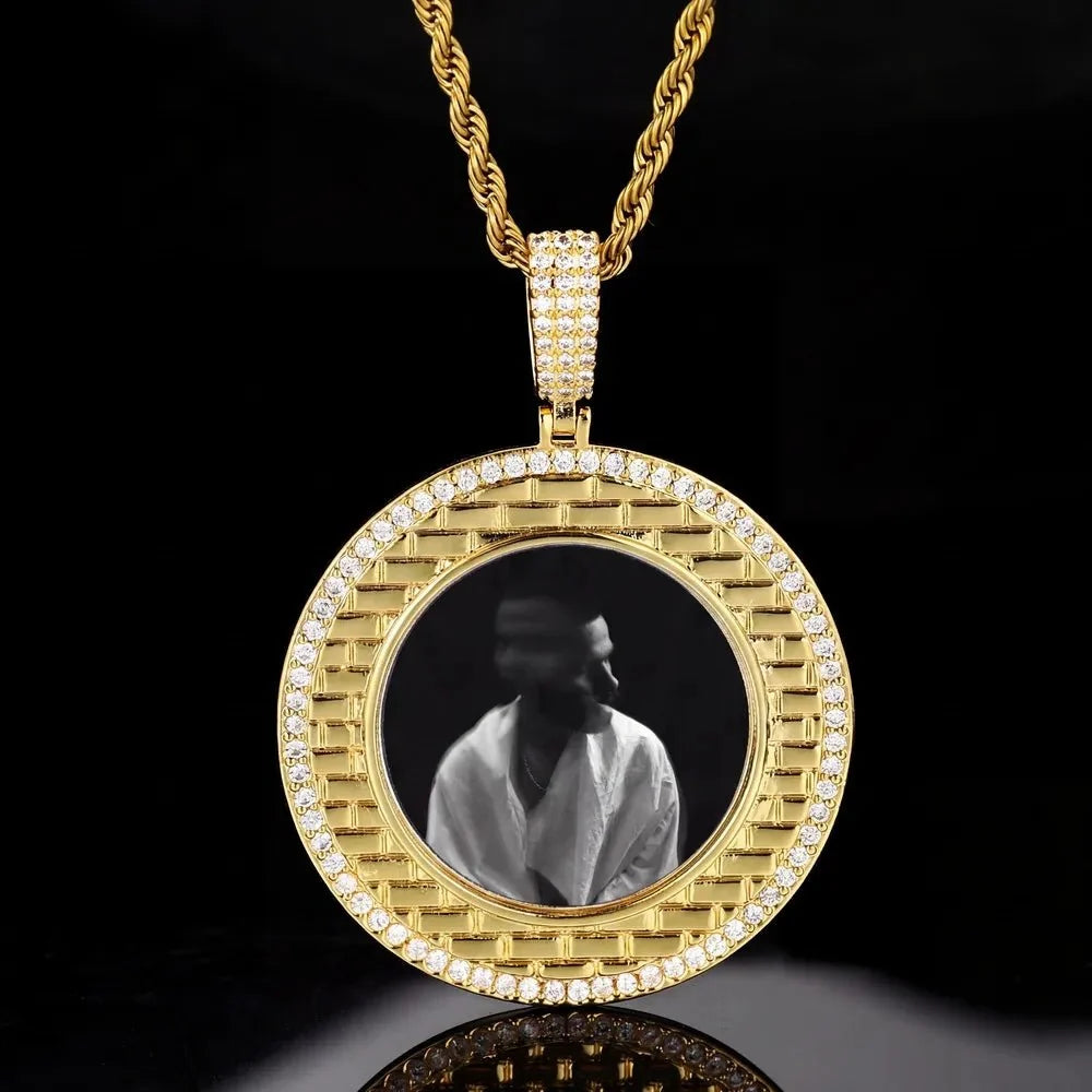 Gold Brick Engraved Memory Photo Custom Round Pendant - 46mm