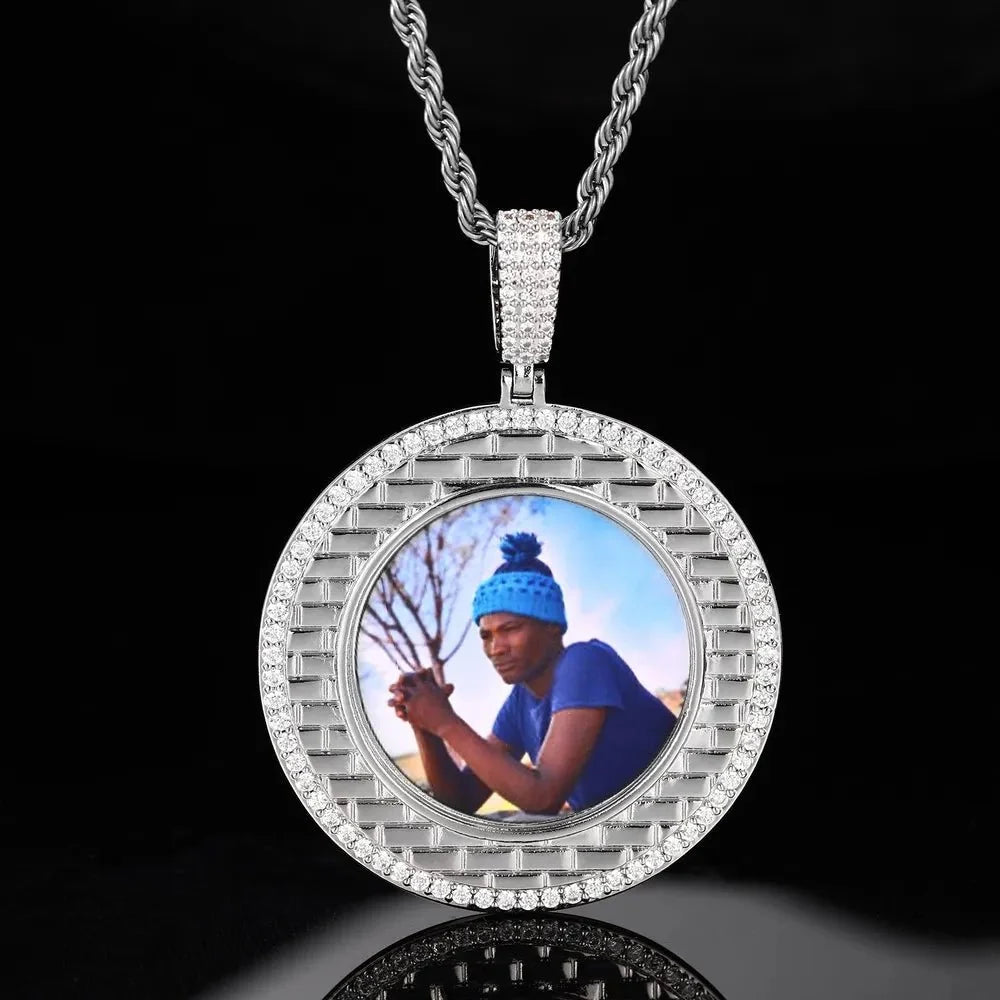 Gold Brick Engraved Memory Photo Custom Round Pendant - 46mm