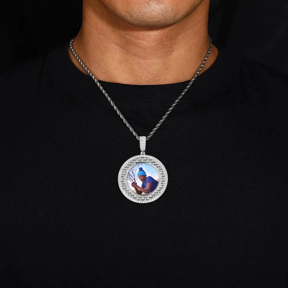 Gold Brick Engraved Memory Photo Custom Round Pendant - 46mm