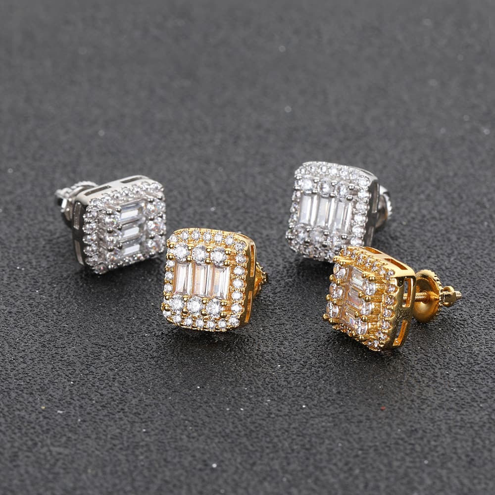 Gold-Plated Square T-Diamond Stud Earrings