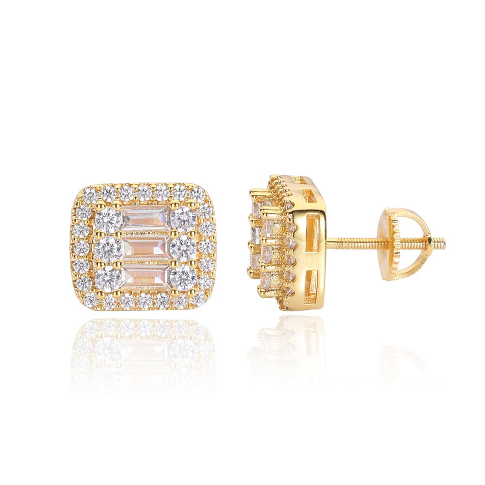 Gold-Plated Square T-Diamond Stud Earrings