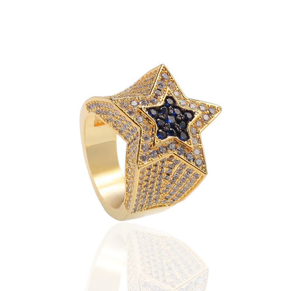 Hip-Hop Sapphire Star Ring with Diamond Encrusted Pentagram