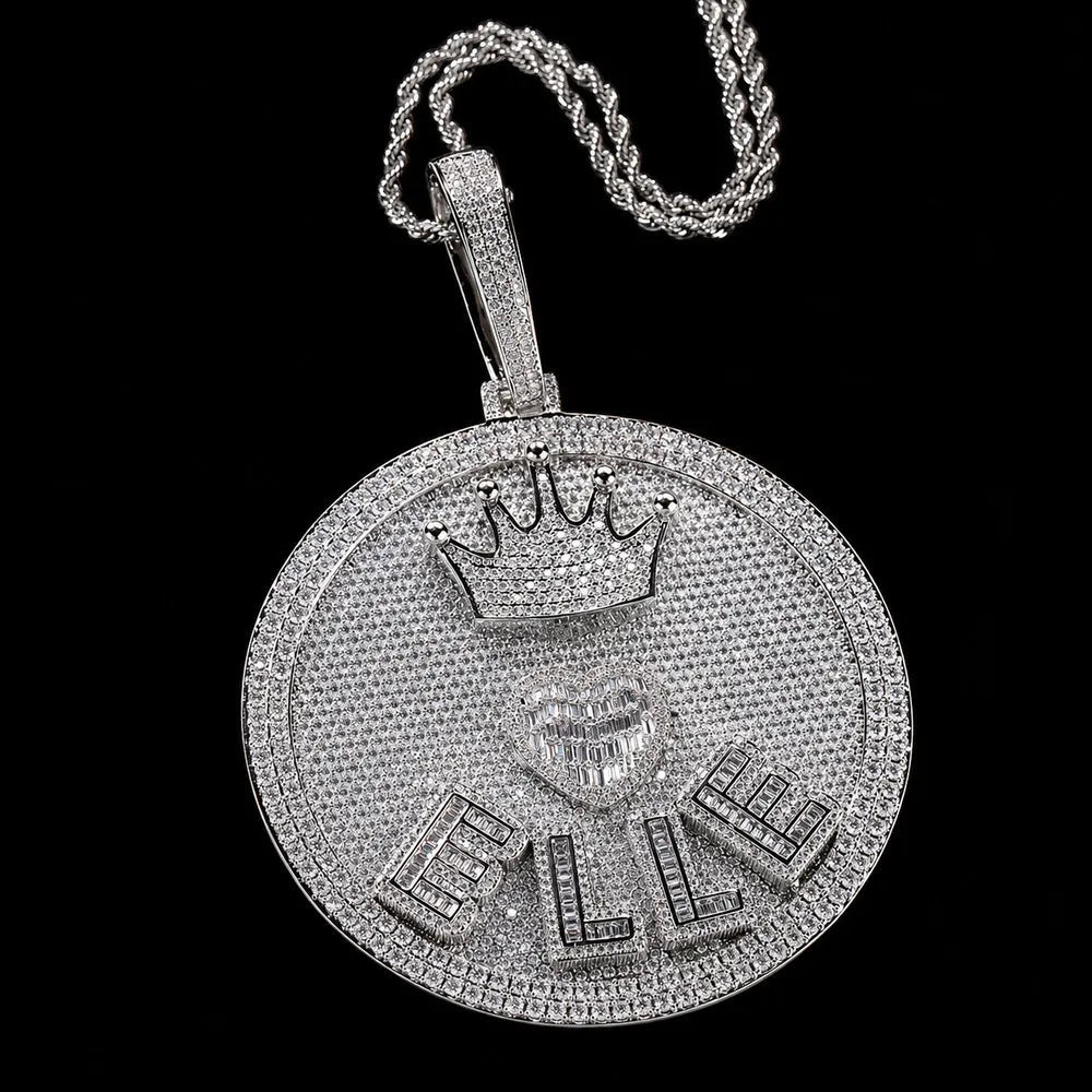 Iced-Out Crown & Heart Custom 3D Letter Large Round Pendant - 80mm