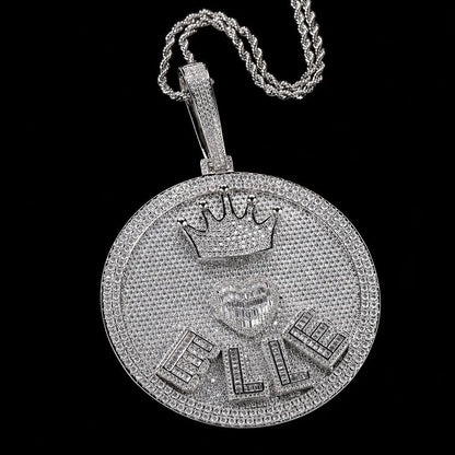 Iced-Out Crown & Heart Custom 3D Letter Large Round Pendant - 80mm
