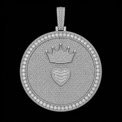 Iced-Out Crown & Heart Custom 3D Letter Large Round Pendant - 80mm