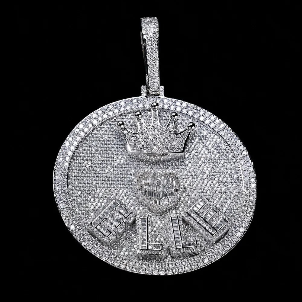 Iced-Out Crown & Heart Custom 3D Letter Large Round Pendant - 80mm