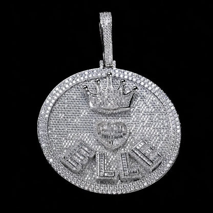 Iced-Out Crown & Heart Custom 3D Letter Large Round Pendant - 80mm