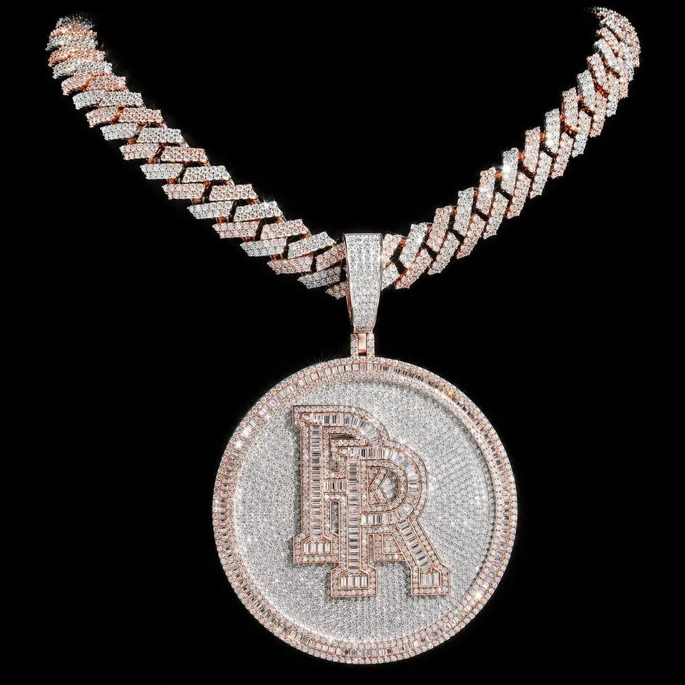 Iced-Out Custom 3D Double-Initial Large Round Pendant in Rose Gold - 76mm