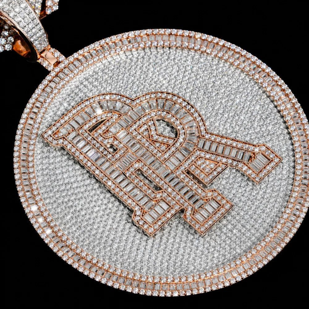 Iced-Out Custom 3D Double-Initial Large Round Pendant in Rose Gold - 76mm