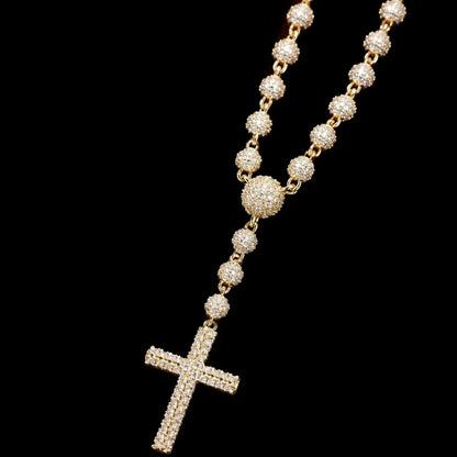 Iced-Out Diamond Bead Chain with Cross Pendant - 5mm