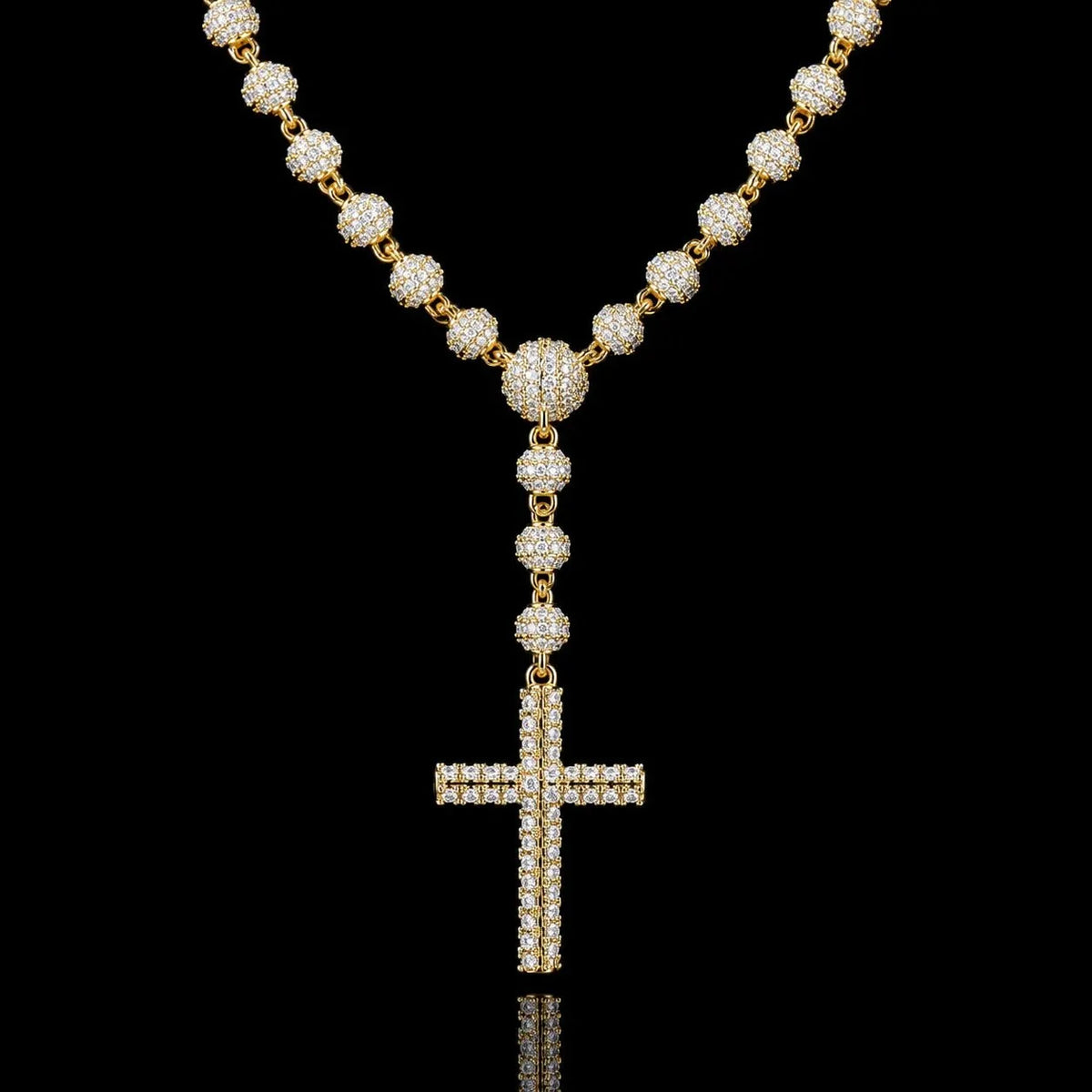 Iced-Out Diamond Bead Chain with Cross Pendant - 5mm