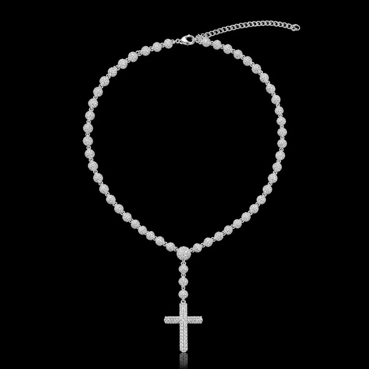 Iced-Out Diamond Bead Chain with Cross Pendant - 5mm