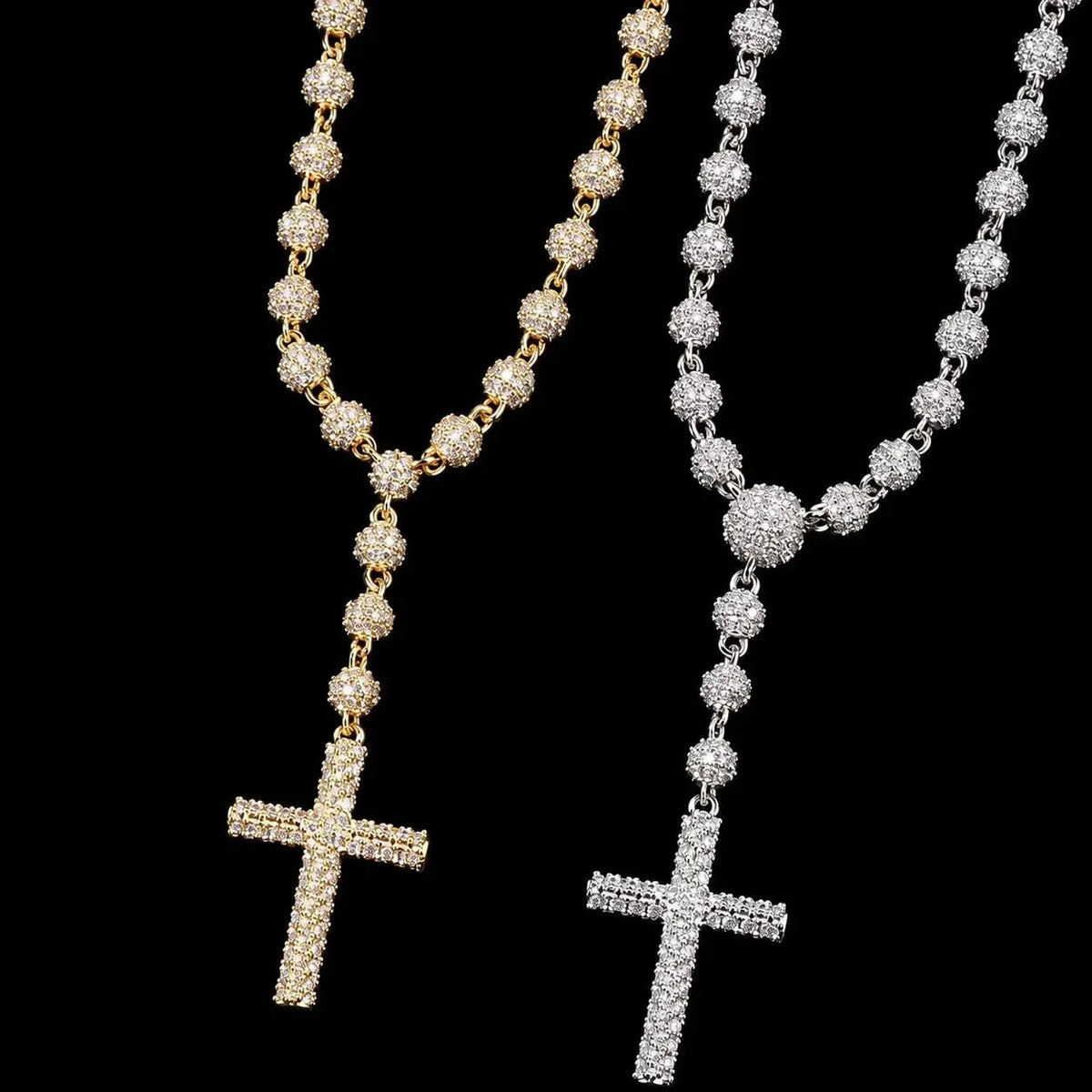 Iced-Out Diamond Bead Chain with Cross Pendant - 5mm