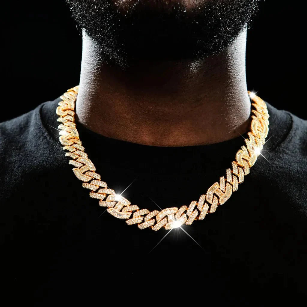 Prong Baguette Curb Chain 18K Gold -15mm
