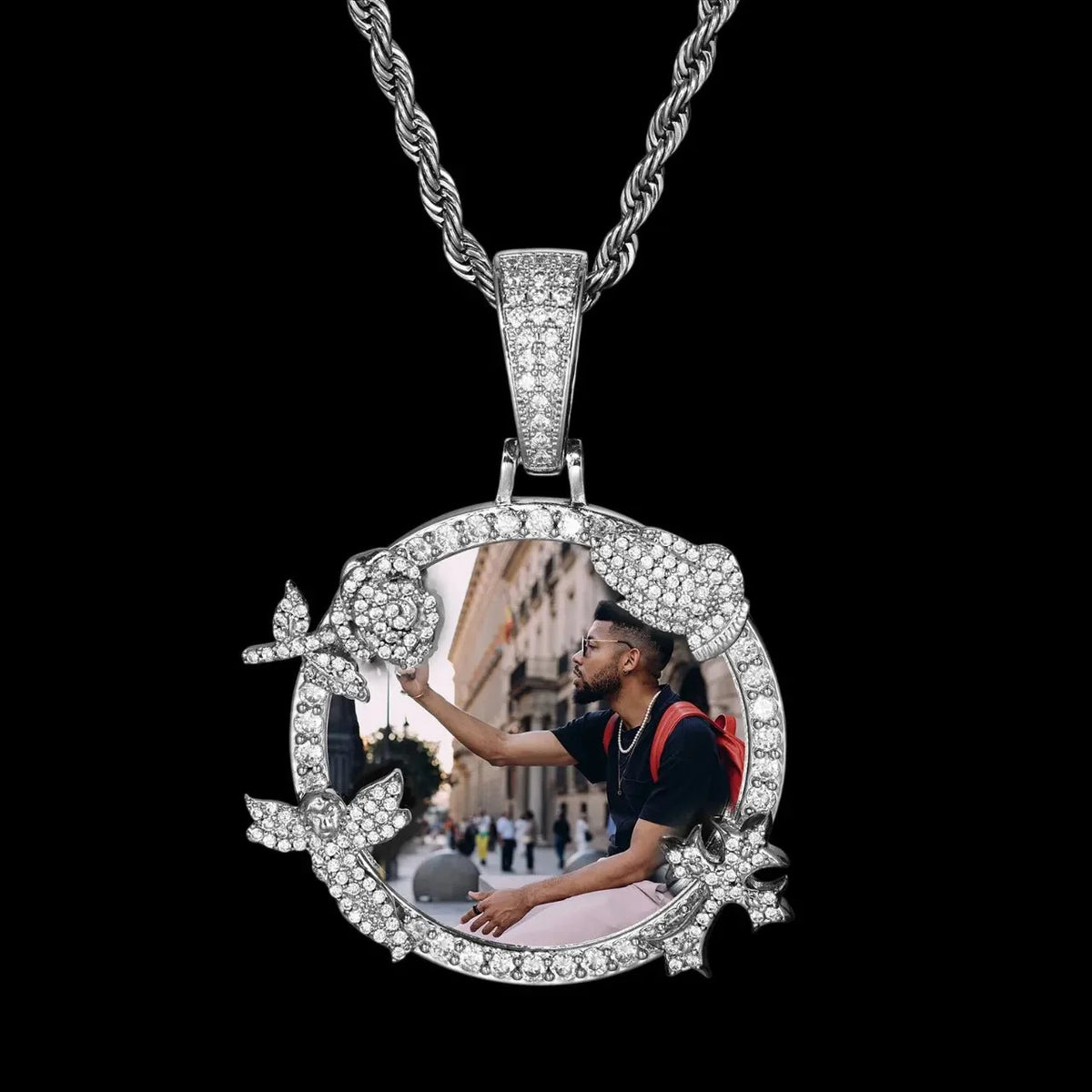 Rose, Angel, and Cross Round Solid Custom Photo Pendant - 45mm