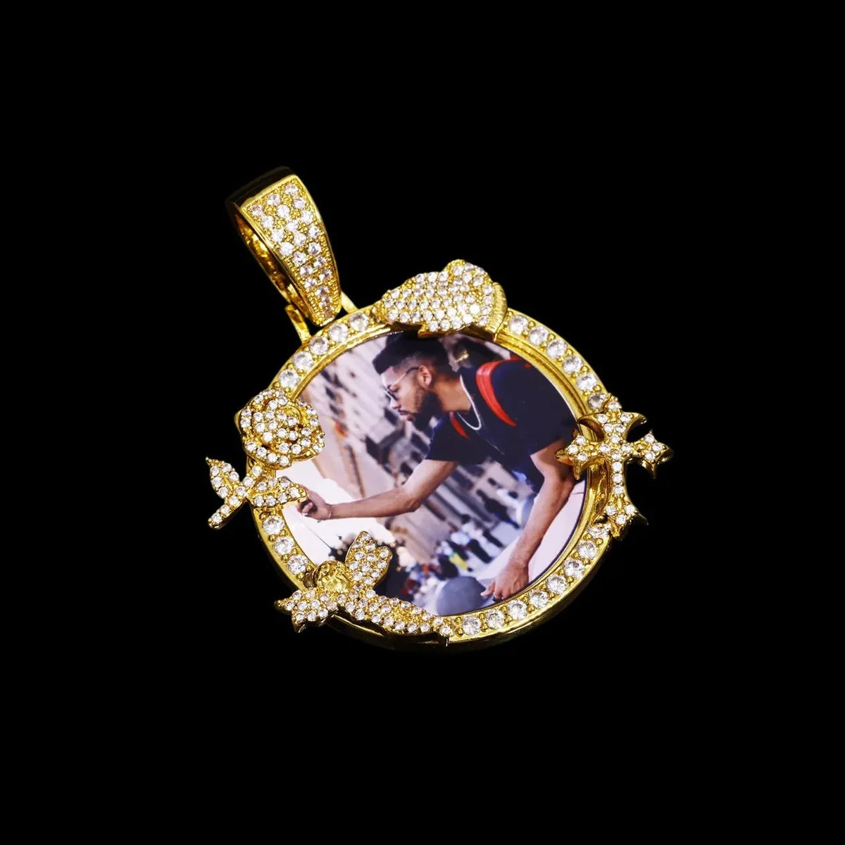 Rose, Angel, and Cross Round Solid Custom Photo Pendant - 45mm