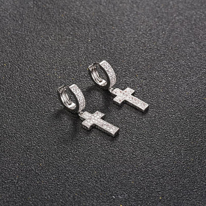 S925 Full Diamond Short Cross Earrings