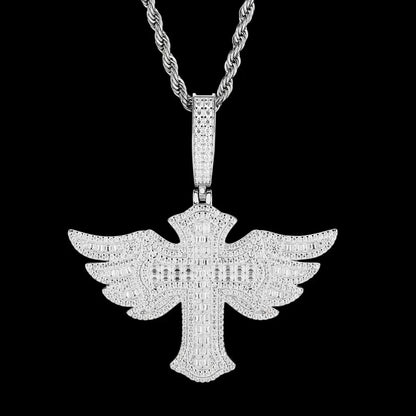 S925 & VVS Moissanite Angel Wings Cross Pendant - 55mm