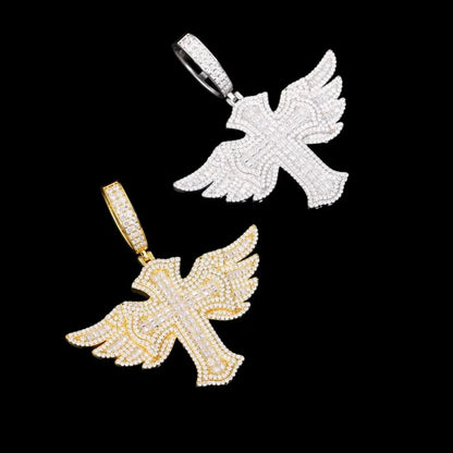 S925 & VVS Moissanite Angel Wings Cross Pendant - 55mm