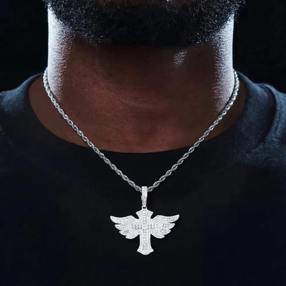 S925 & VVS Moissanite Angel Wings Cross Pendant - 55mm