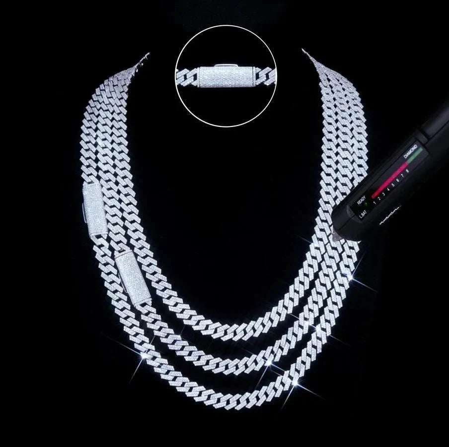 S925 & VVS Moissanite Two Row Prong Cuban Link Chain - 8mm