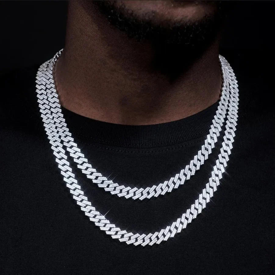 S925 & VVS Moissanite Two Row Prong Cuban Link Chain - 8mm