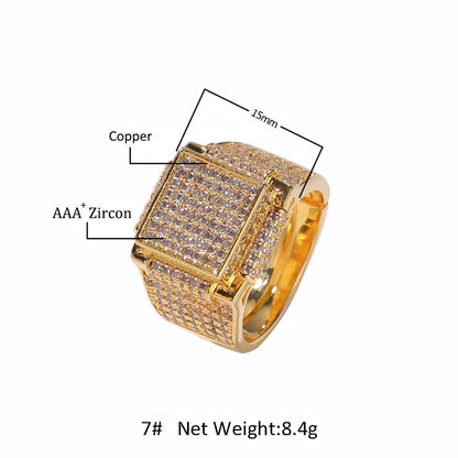 Square Iced-Out Diamond Bling Hip-Hop Ring in 18K Gold